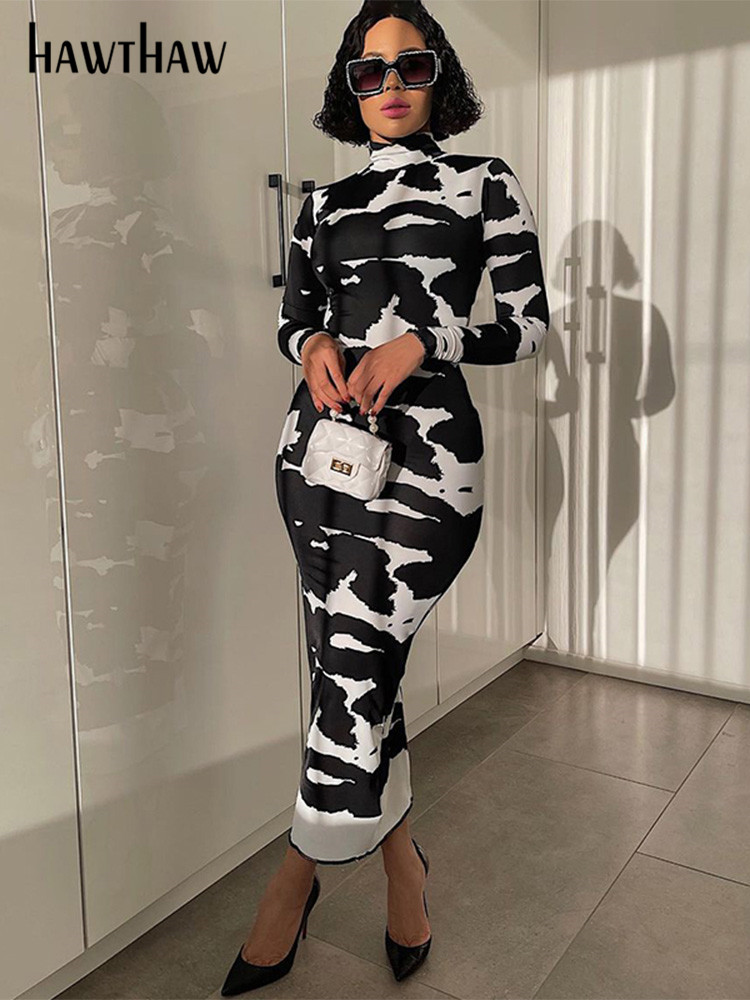 

Hawthaw Women Fashion Autumn Long Sleeve Printed Bodycon Pencil Long Dress Streetwear 2021 Fall Clothes Wholesale Items, Black