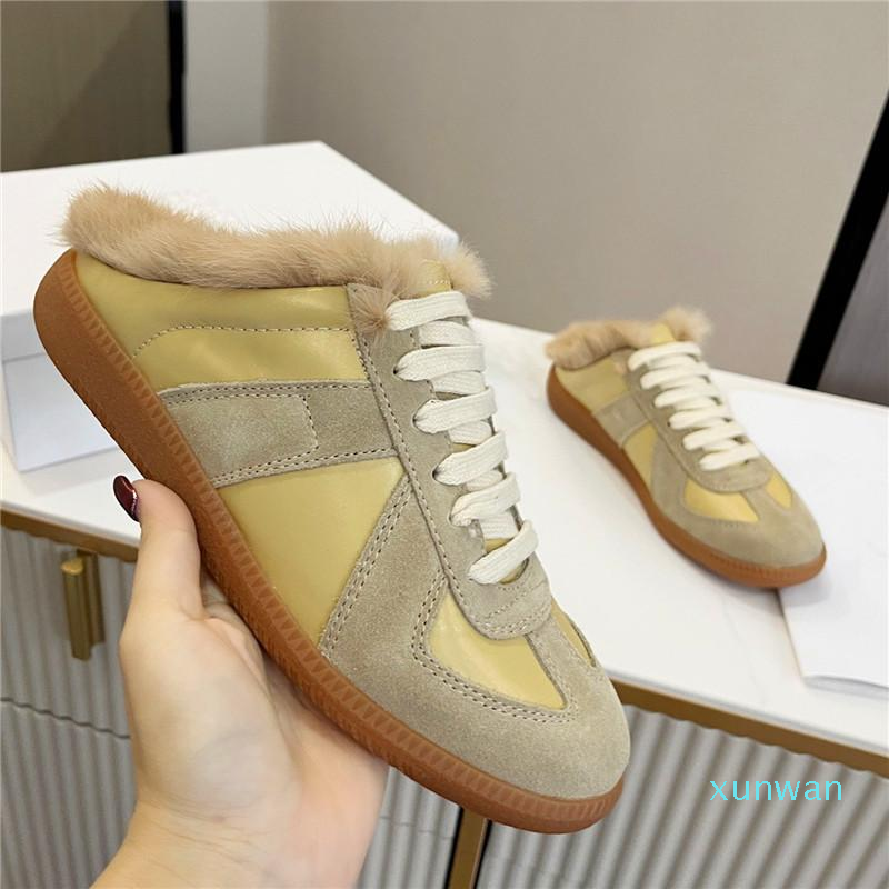 

2022-Slippers Fur Design Ladies Flat Round Toe Stitching Cross Straps Single Shoes Fashion Casual, Apricot