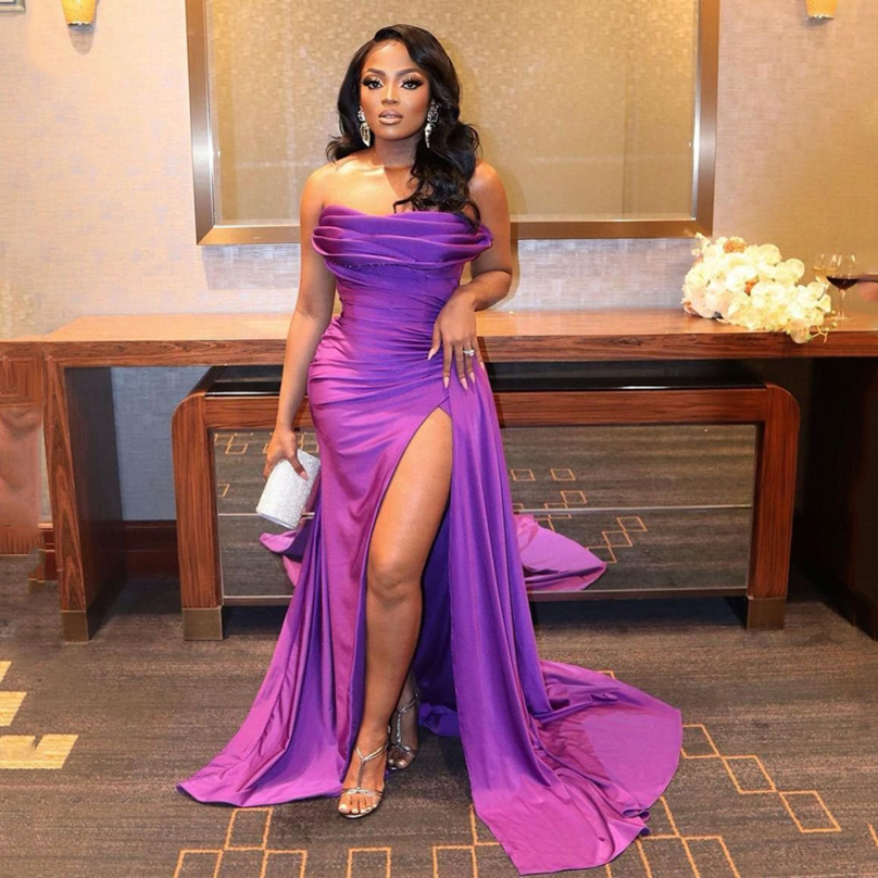 

Strapless Mermaid Evening Dresses High Side Slit Sweep Train Satin Beaded Formal Prom Party Gowns Plus Size, Ivory