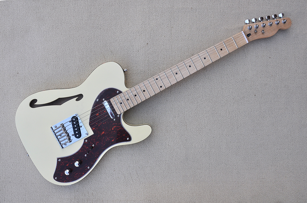 

Factory Custom Cream Electric Guitar with Semi-hollow Body Chrome Hardware Basswood Body Maple Fretboard Can be Customized