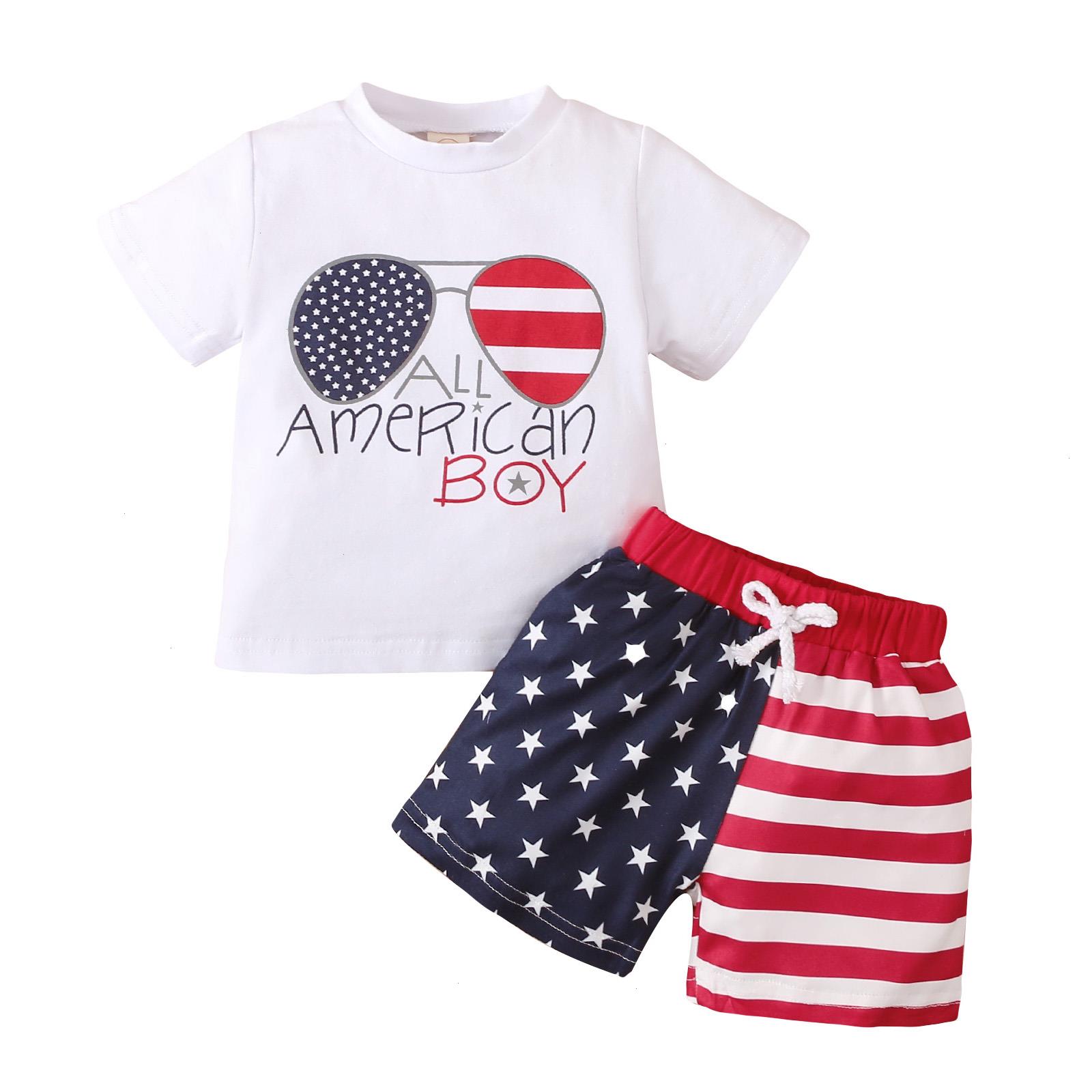 

0-24m Newborn Baby Boy Girl Set 2pcs Independence Day Summer Clothing White Shirt Top Star Printed Shorts, As picture