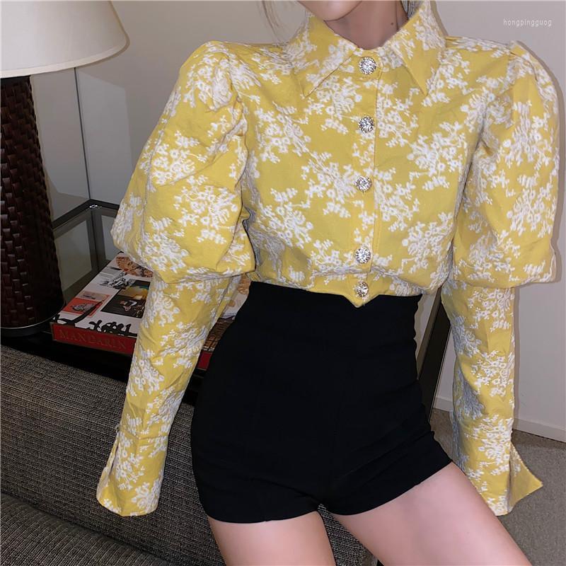 

Women's Blouses & Shirts Gagarich Women Yellow Blouse Spring Autumn French Vintage Printing Floral Bubble Sleeve Chiffon Button Design Femal