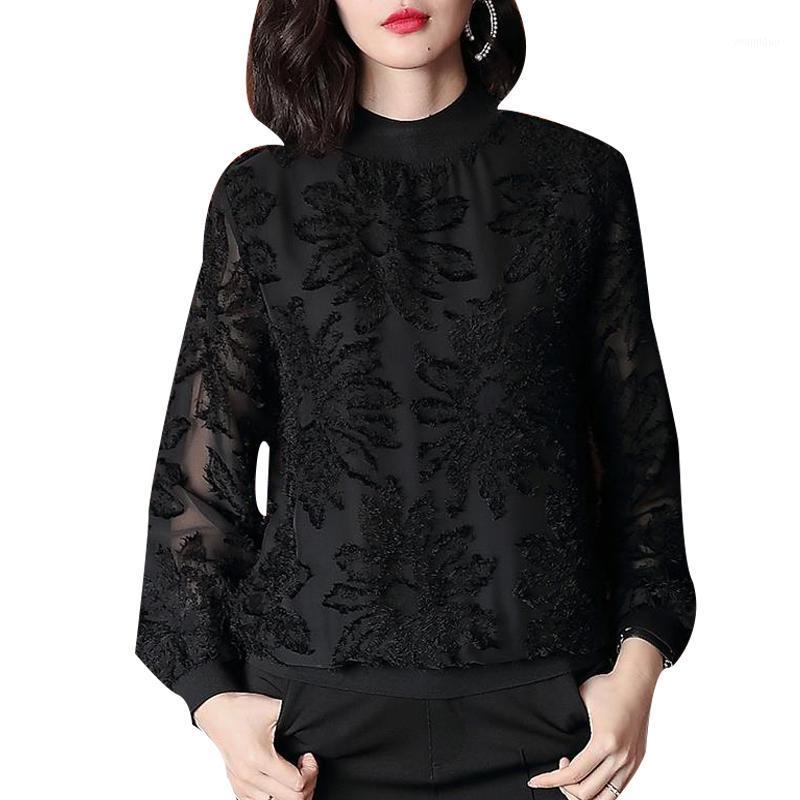 

Women' Spring Summer Style Chiffon Blouse Shirt Turtleneck Embroidery Long Sleeve Casual Slim Lace Tops DD8416 Blouses & Shirts, Black