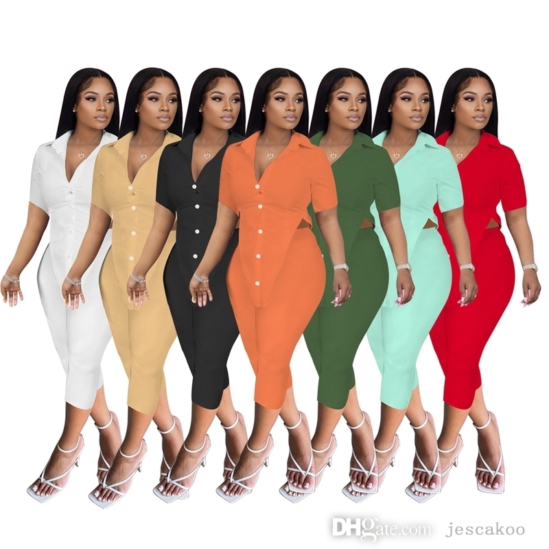 

Summer 2 Piece Pants Outfit For Women Designer Fashion Irregular Breasted Cardigan Top Shirt Leggings Suit 2022 Sexy Short Sets, Orange