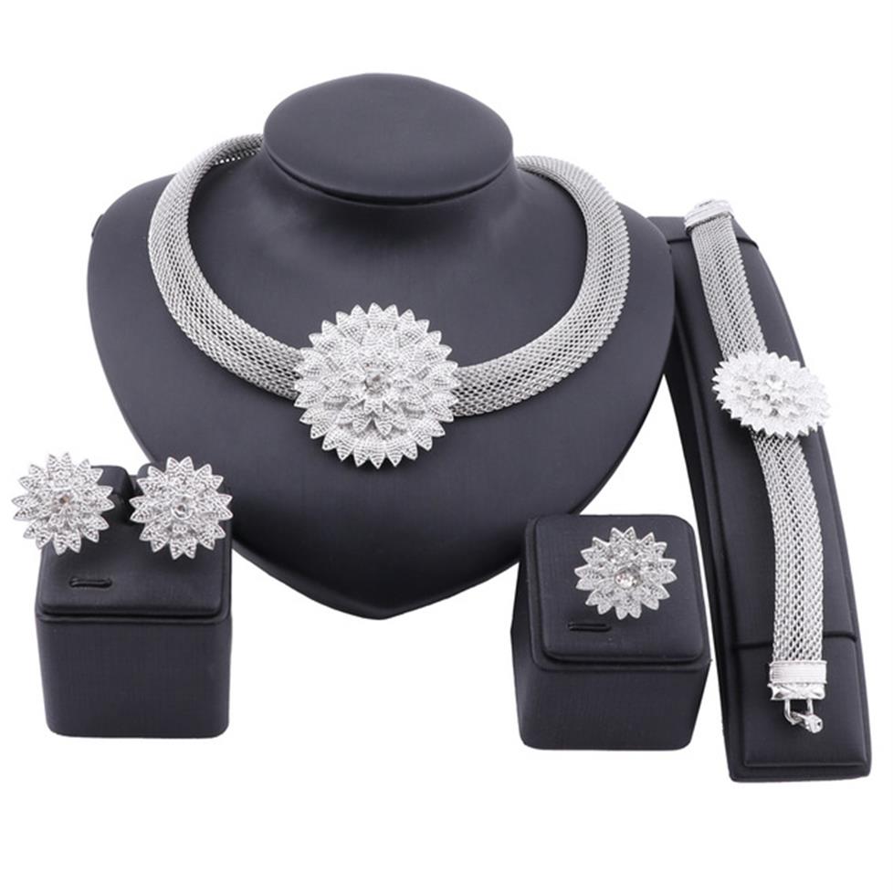 

African Jewelry Flower Crystal Necklace Earrings Dubai Gold Jewelry Sets for Women Wedding Bridal Bracelet Ring Set243h
