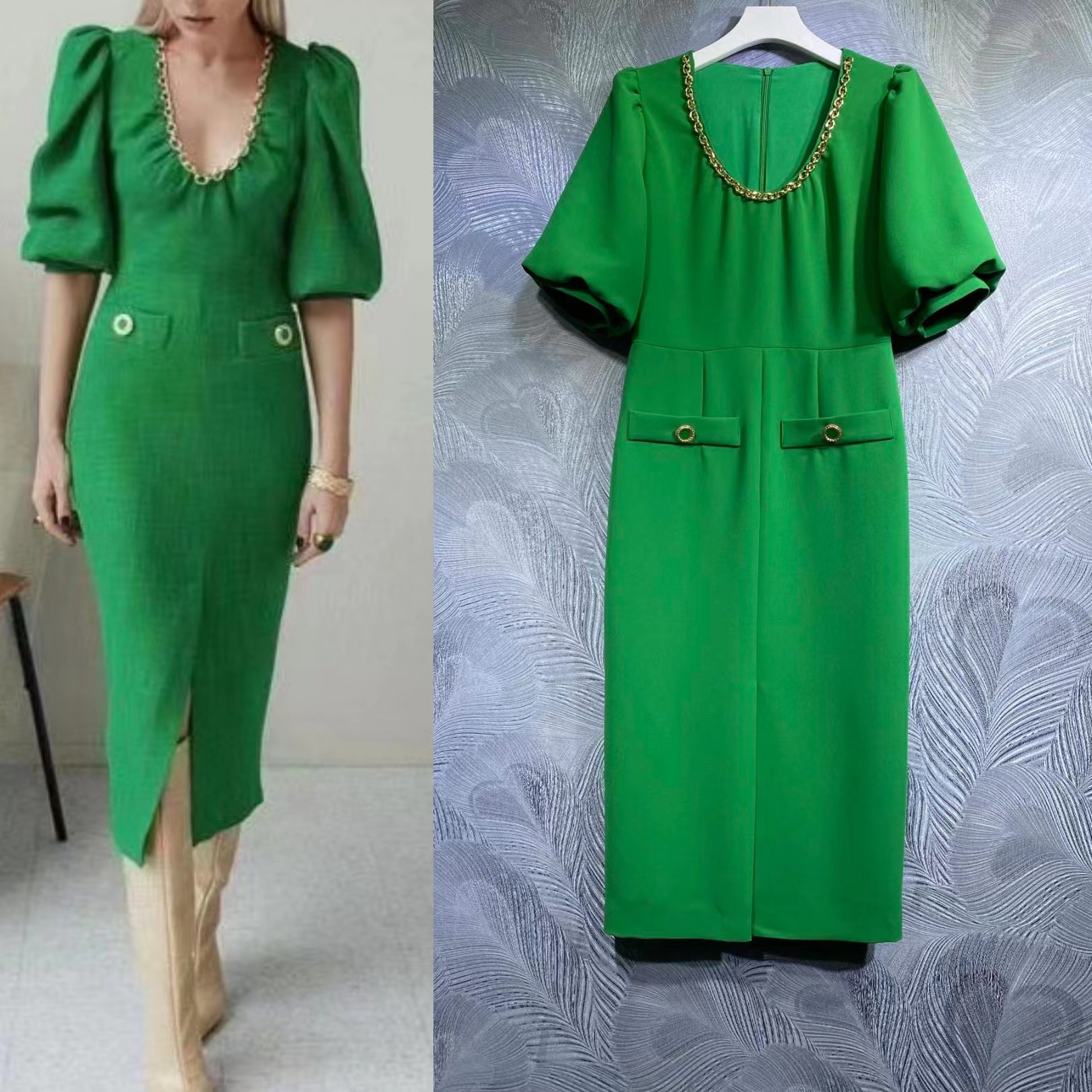 

High-quality summer elegant office lady chain U-neck dress, Green
