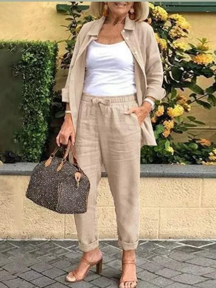 

Women' Two Piece Pants Women Turn-down Collar Button Tops Summer Fashion Streetwear Lace-Up 2pc Set 2022 Casual Solid Pocket Long Sleeve Su, 02 khaki