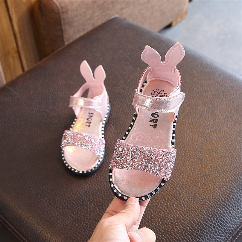 

Sandal Telinga Kelinci Musim Panas Anakanak Mode Glitter Berlian Buatan Perempuan Putri Roma Bayi Datar Nonslip Sepatu 220611, Silver