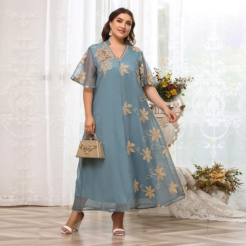 

Plus Size Dresses Maketina Muslim Embroidery Dress 2022 Summer V Neck Short Sleeve Elegant Long Abaya Party Islamic Clothing 4XL, Sky blue