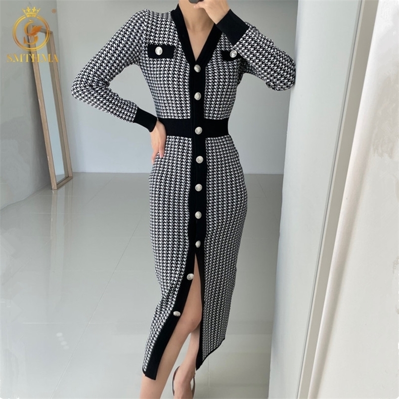 

HMA Autumn Winter VMeck Sweater Dress Korea Chic SingleBreasted Houndstooth Knit Long Vestidos a220813, Photo color