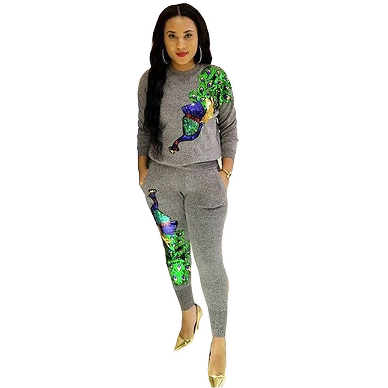 

Sequined Full Sleeve Winter tracksuit Women Set Overalls Sweatshirtpant Lady fashion sexy two pieces suits casual B9056 Y200110, Gray