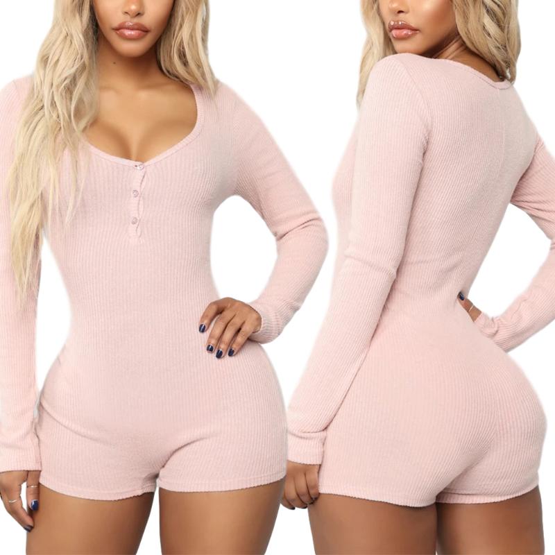 

Women' Jumpsuits & Rompers Womens Sexy V-Neck Long Sleeve Bodycon Casual Button Sleepwear Jumpsuit Shorts Romper Leotard Skinny Bodysuit, Blue