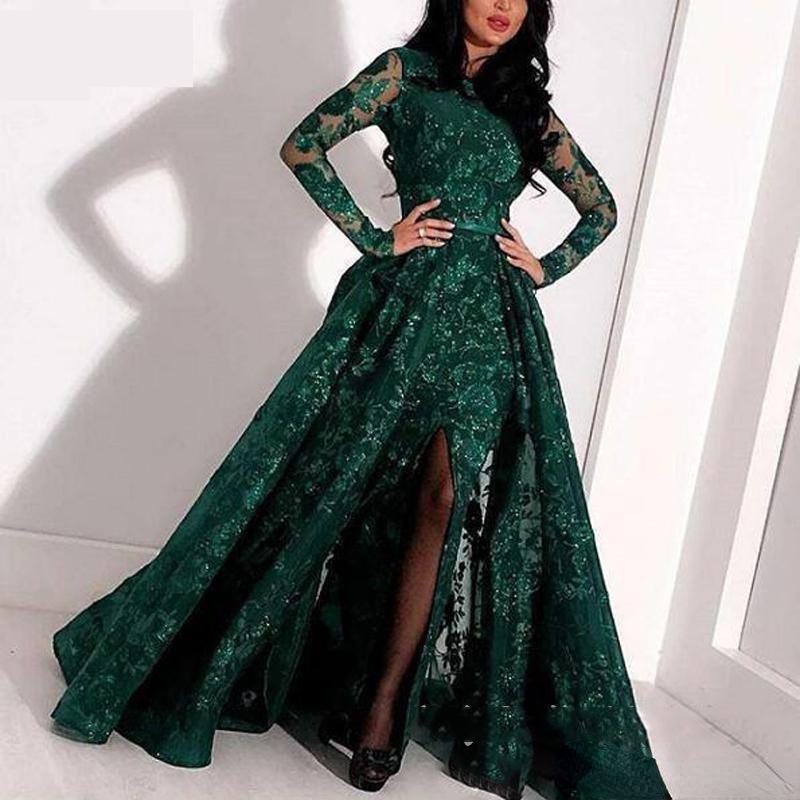 Modest Long Sleeve Evening Dresses Formal Occasion Wear Gold Appliques Beads Hunter Sheer Neck prom gowns Arabic Robe de soriee