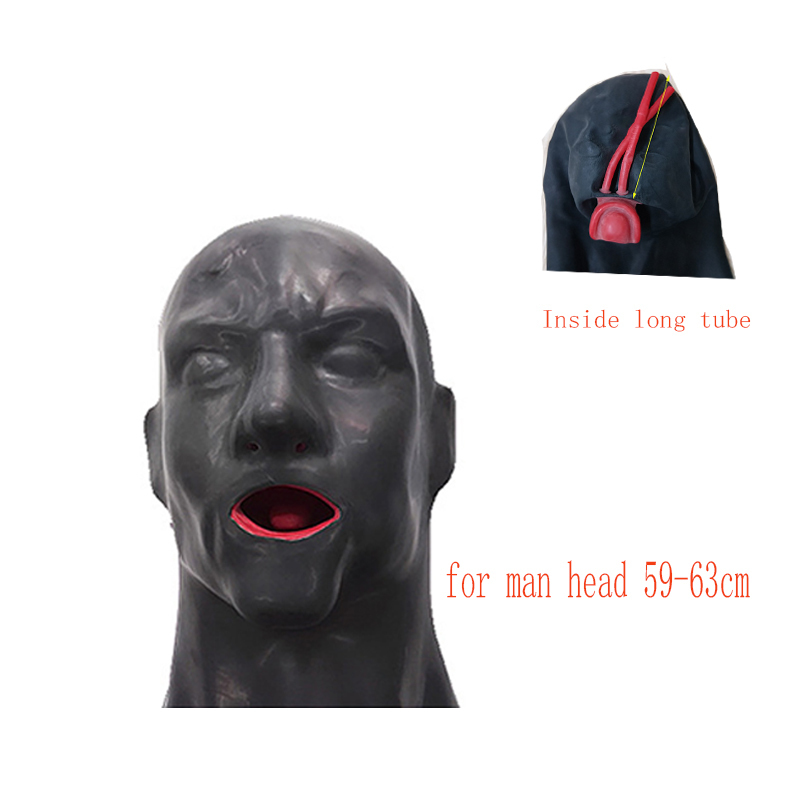 

3D Latex Hood Rubber Mask Closed Eyes Fetish with Red Mouth Gag Plug Sheath Tongue Nose Tube Long and Short for Men 220715