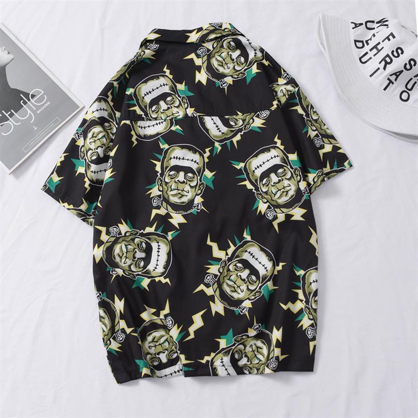 

Casual Frankenstein Printed Short Sleeve Shirt Street Hawaii Beach Oversize Women Fashion Shirts for Men CX200801332J, Black