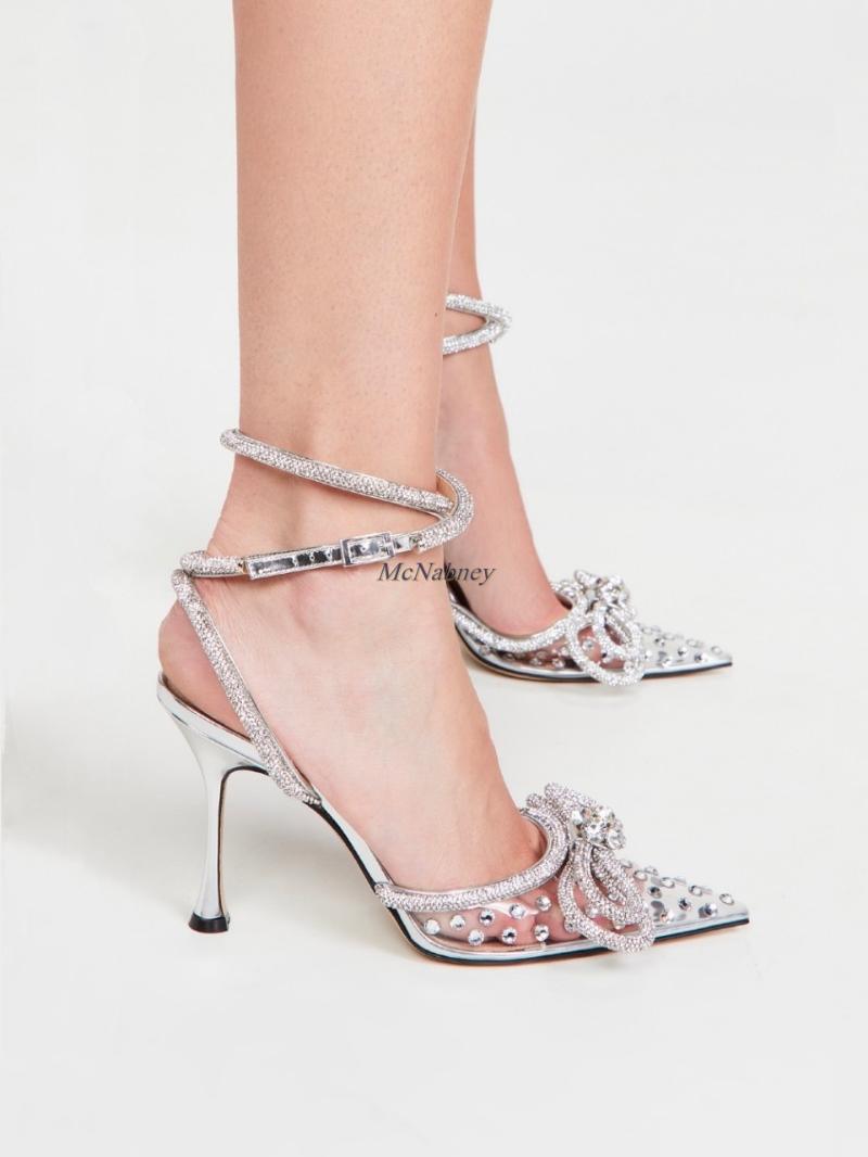 

Sandals Women Shoes Double Bow Transparent Crystal Pumps Pointed Toe Stiletto Buckle Strap High Heels Handmade 34-43Sandals, As photo