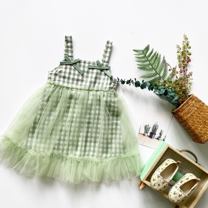 

Girl's Dresses Tonytaobaby Girls Dress Green Plaid Bow Camisole Mesh Girl Pastoral Style, As pic