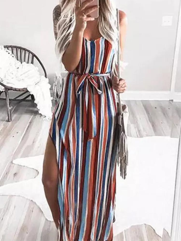 

Casual Dresses Slit Maxi Dress Suspenders Striped Sexy Off Shoulder Slim Skirt SuitCasual, Striped skirt