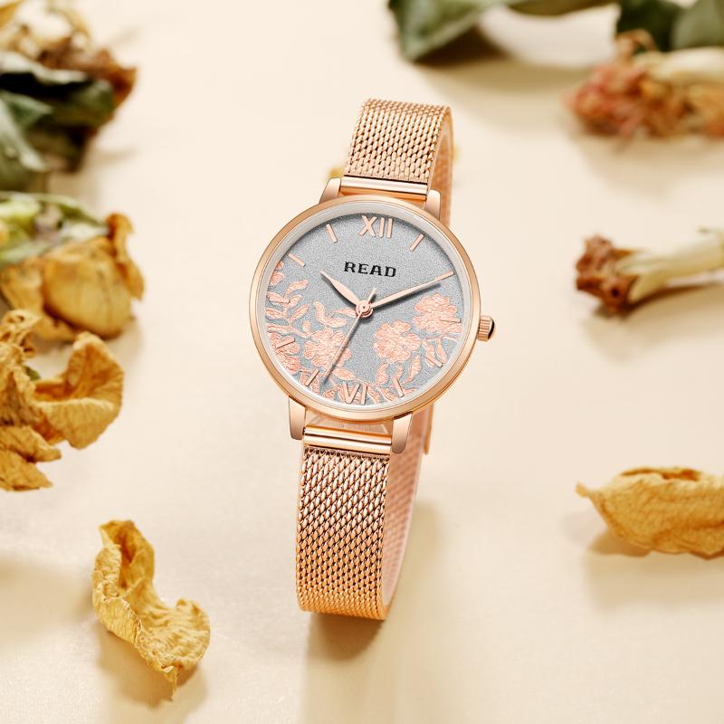 

Wristwatches Women Quartz Stainless Steel Mesh Top Rose Gold Stylish Ladies Watch Flower Design Watches For, Black