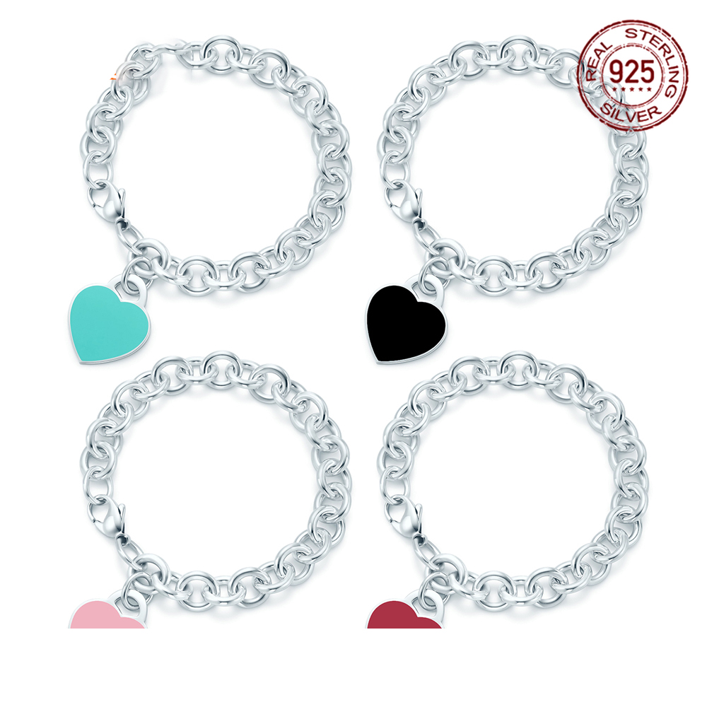 

S925 Sterling Silver Bracelet Men'S And Women'S Enamel Drop Glue Love Pendant Lobster Buckle Fashion Simple And Generous Luxury