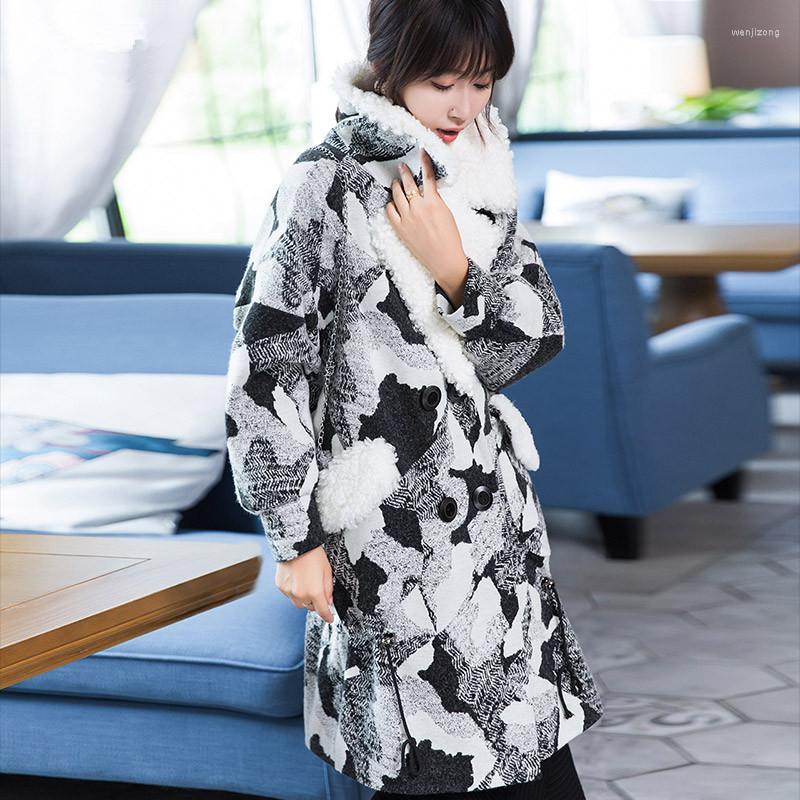 

Women's Wool & Blends Quality Winter Superior 2022 Coat Women Long Woolen Coats Natural Lamb Fur Collar Thick Warm Jacket Tussah Silk Fillin, As show