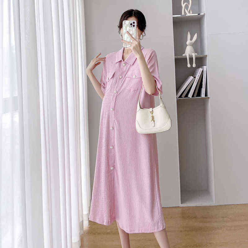 

Korean Plus Size Maternity Dresses Solid Summer Clothes For Pregnant Women Loose Slim Single-Breasted Long Vestidos Pregnancy G220418, Pink