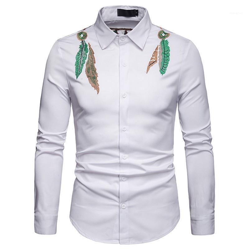 

Men' Casual Shirts 2022 Mens Male Long Sleeved Shirt Solid Embroidery Feather Slim Fit Men Social Business High Quality, Black