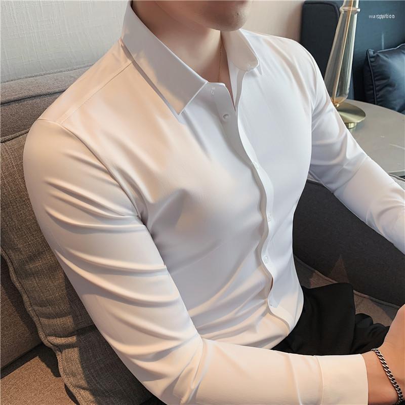 

Men's Casual Shirts 2022 High Elasticity Seamless Men Shirt Slim White Solid Color Business Formal Dress Social Party Blouse
