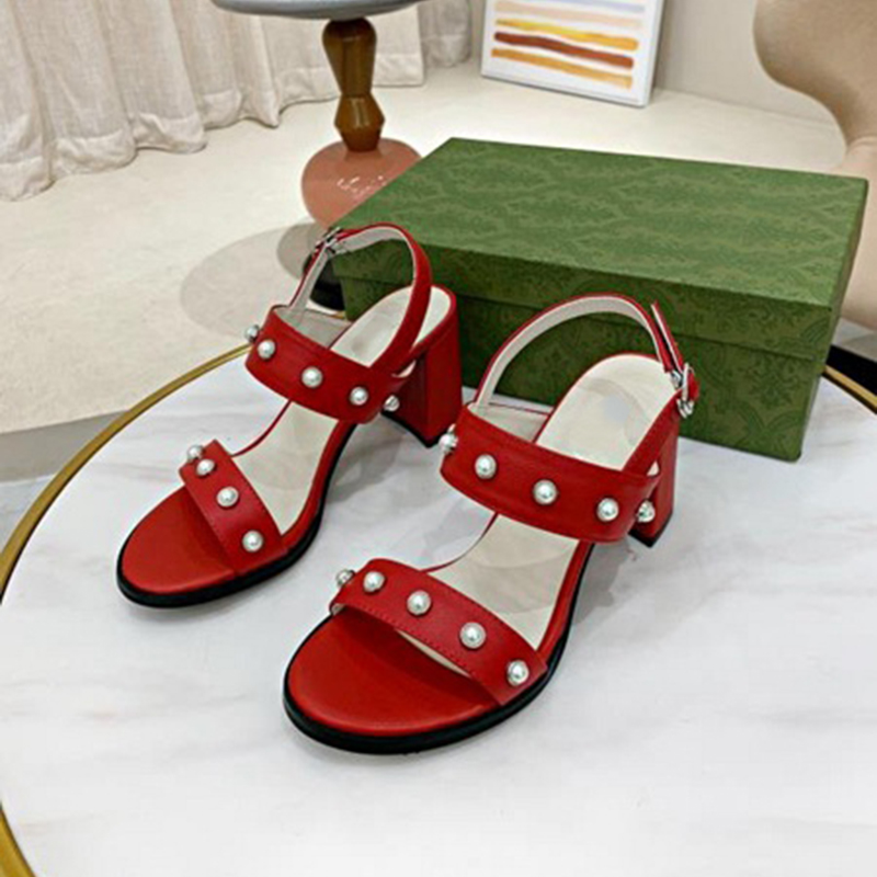 

Luxury Pearl Sandals Black White Red Real Leather High Heels Designer Summer Sliders Shoes Sandales Ankle Strap