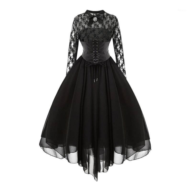 

Casual Dresses Retro Style Gothic Party Women Solid Long Sleeve Lace Hollow Perspective Big Swing Princess Dress Bandage Waist Vestidos, Black