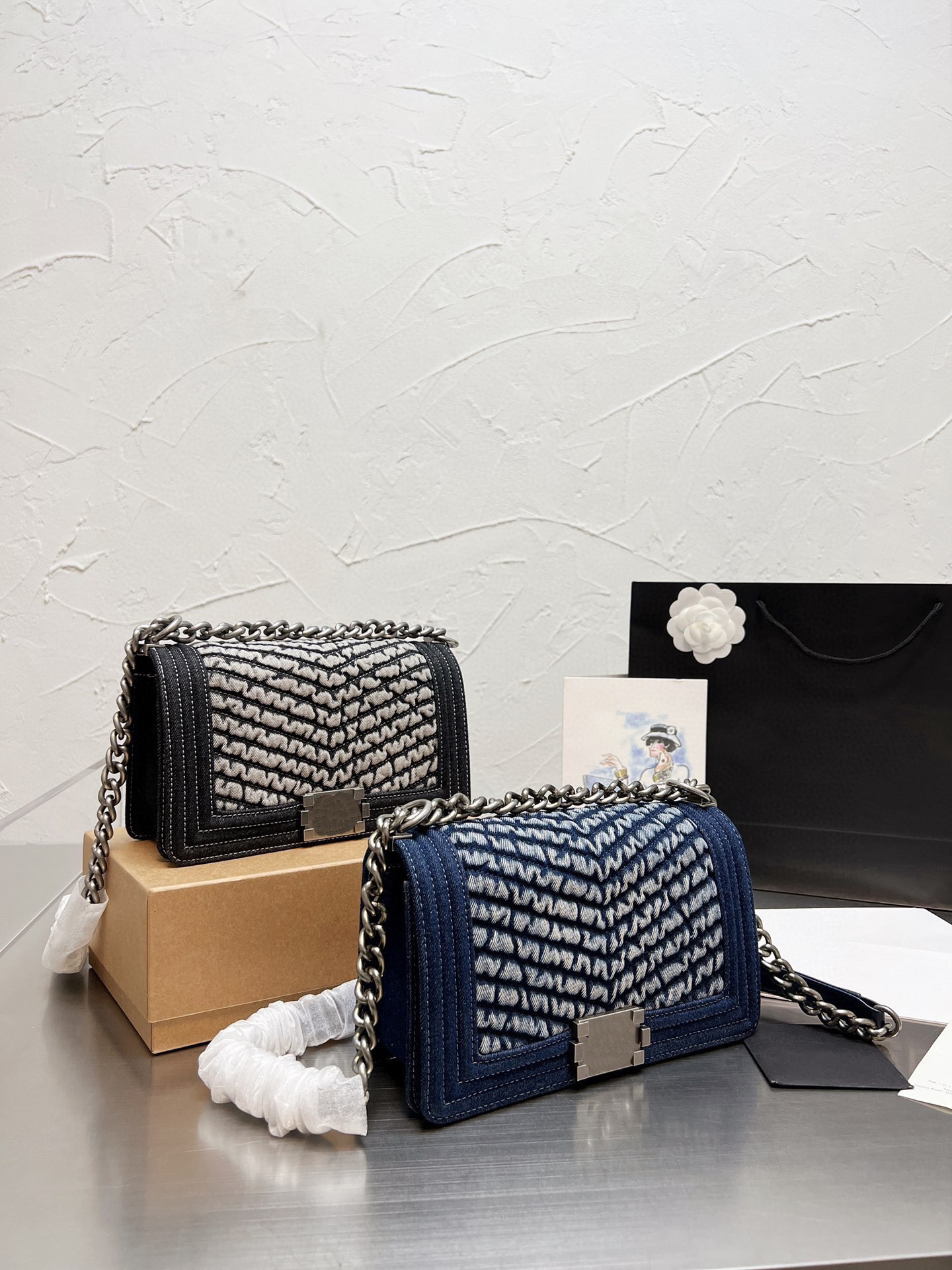 

women's shoulder bag Luxury tote purse handbag message bags cluth top quality Brand classic Genuine leather Crossbody Original Box Size 25CM Silver Chain cowboy Blue, Black