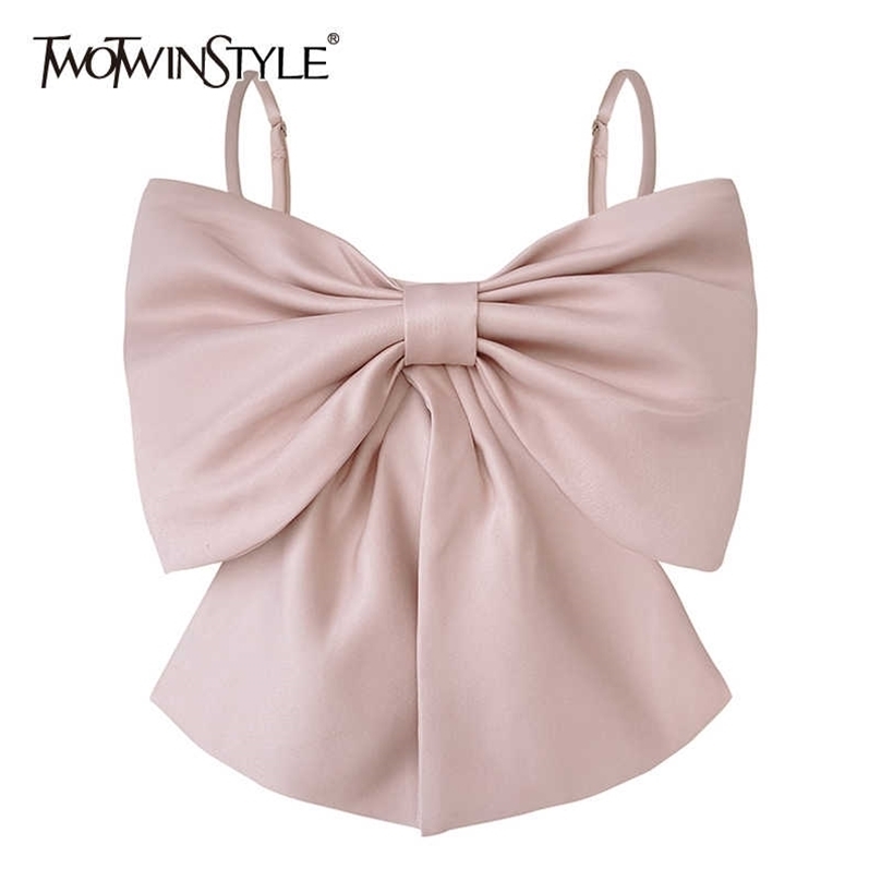 

TWOTWINSTYLE Sexy Patchwork Bow Women Vest Square Collar Sleeveless Spaghetti Strap Slim Tunic Tank Tops Female Clothes 220318, Pink
