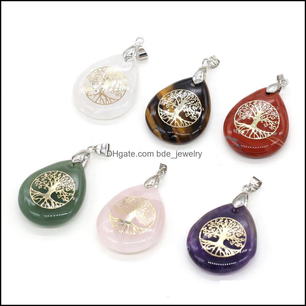 

Pendant Necklaces Chakra Reiki Healing Semi-Precious Stone Waterdrop Tree Of Life Pattern Charms Amet Crystal Meditation F Bdejewelry Dhtwd
