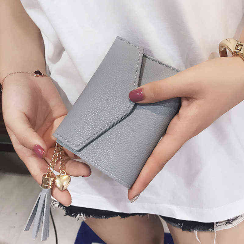 

High Quality Embossed Leather Women's Wallet Tassel Decor Short Wallets for Women Trendy Solid Color Coin Purse Card Holder 220428, Gray