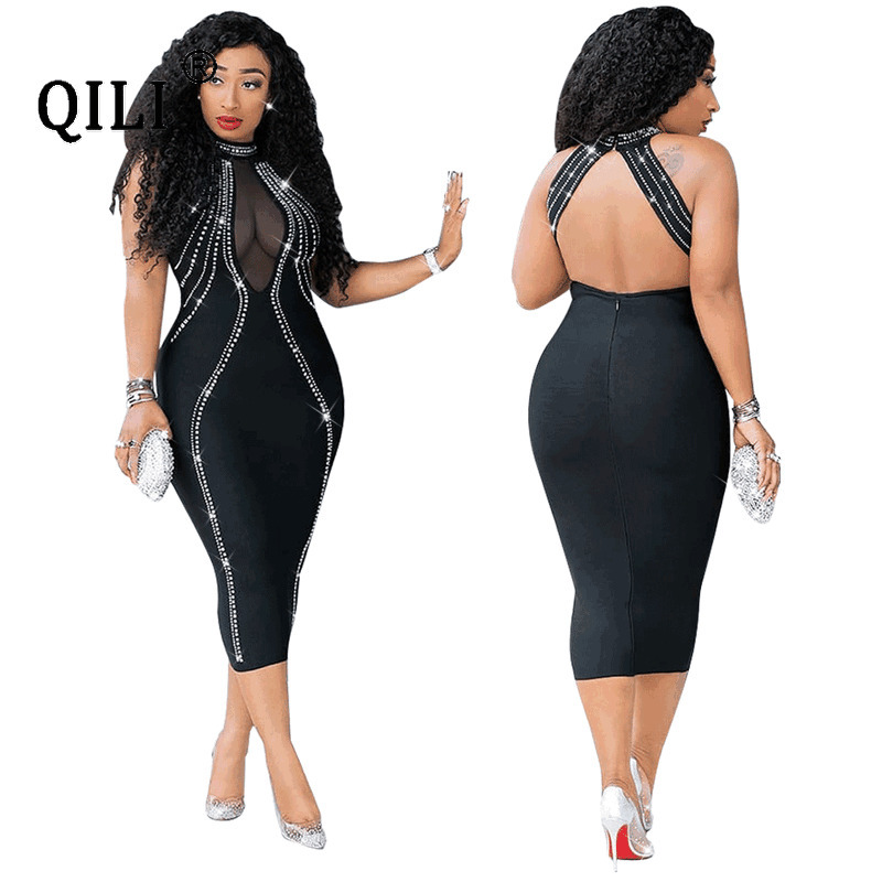 QILI Women Sexy Party Dress Sleeveless Backless Diamonds es Black See Through Mesh Bodycon Plus Size 220521