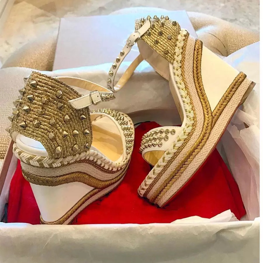

Famous Ladies Red soles Wedge designers Sandals Gold Patent Leather Studded Ladies Ankle Strap Women's Pumps Party Dress EU35-43 With Box with box, 13