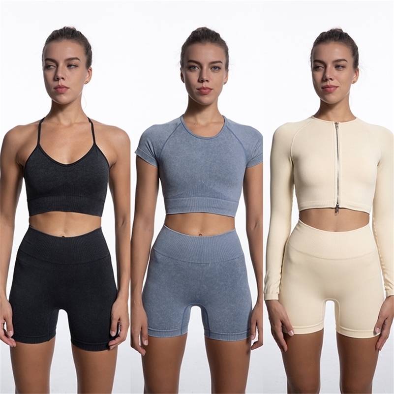 

Seamless Women s Yoga Set Workout Clothes Zipper Long Sleeved Top High Waist Leggings Shorts Sports Fitness Bra Wear 220616, Blue bra shorts