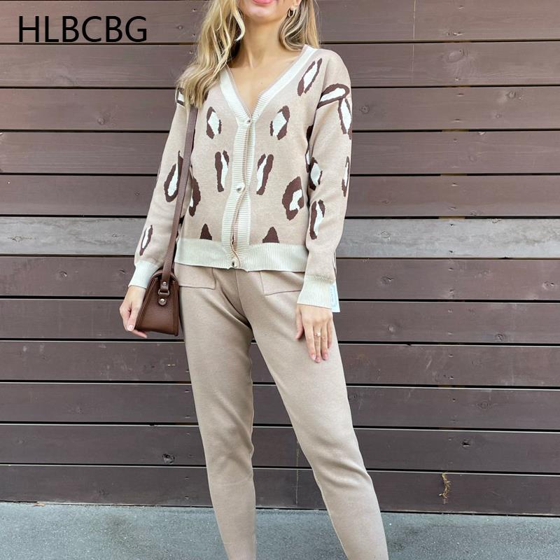 

Autumn Oversized Women Cardigan Sweater Pant Tracksuits Leopard Knitted Jumper Suits Harem Pants 2 Two Pieces Winter Sets, Gray