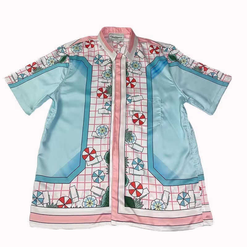 

Paris summer short sleeve Casablanca t-shirt men' and women' swimming pool Short Sleeve Silk star shirt, White