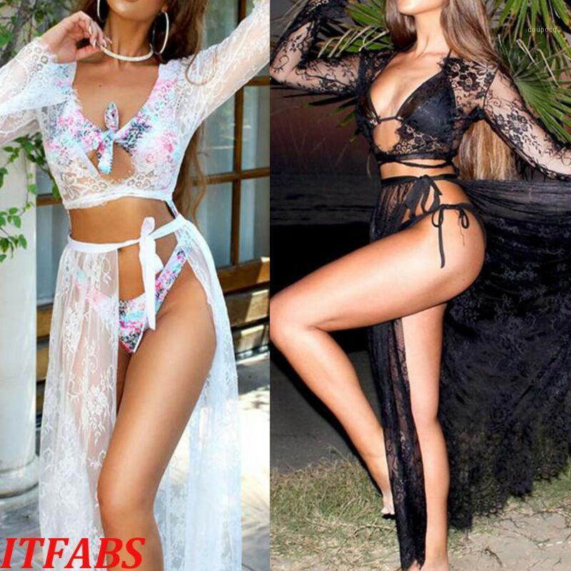 Women's Swimwear Sexy Womens Fashion V Neck Bikini Cover Up Summer Mesh Lace Sheer Beach Maxi Wrap Sarong Pareo Solid Color