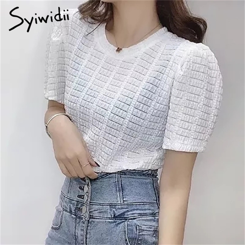 

Hollow Out Blouses for Women Short Sleeve Tops O-Neck Casual Solid White Clothes Summer Korean Fashion Shirts 210607, Blue