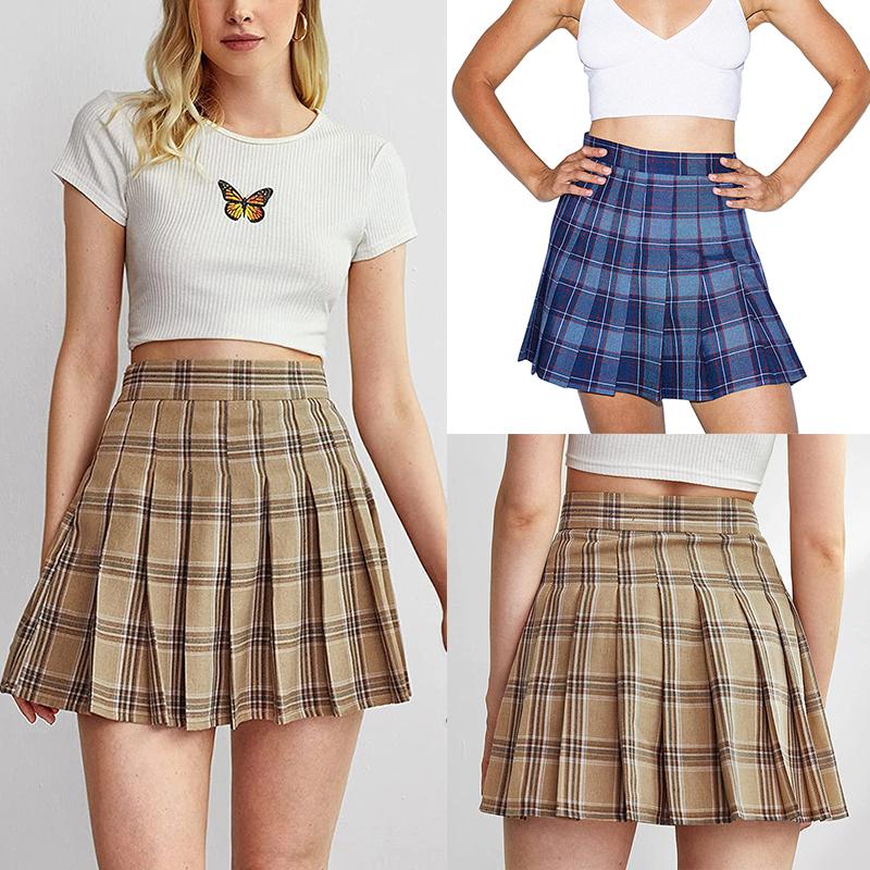 

Skirts Women Casual Pleated Skirt, Plaid High Waist Above-Knee Miniskirt, Mini Skirt For Girls, /M/L/XL, Khaki/Navy Blue 2022