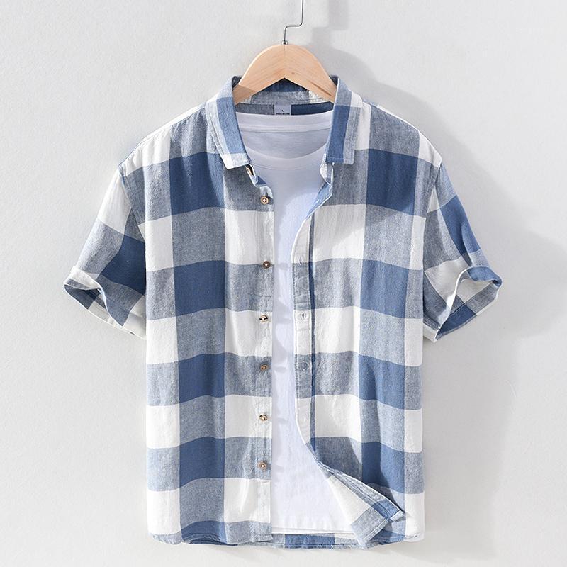 

Big Plaid Short Sleeve Shirt For Men Cotton Linen Casual Turn-down Collar Tops Summer Male Button Up Men's Shirts, Blue