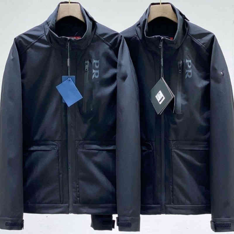 

High quality European and American jacket men's metal triangle logo simple stand-up collar thin windbreaker fashion Pra original pocket waterproof business top, Black