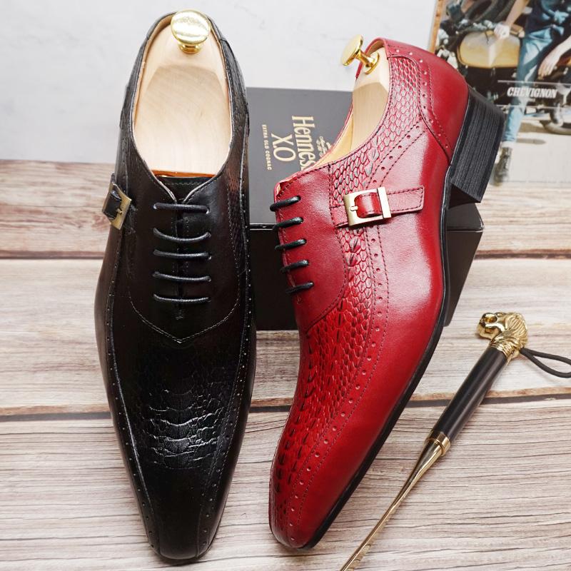 

Dress Shoes Italian Men Oxford Leather Red Black Crocodile Prints Pointed Toe Lace Up Wedding Office Formal