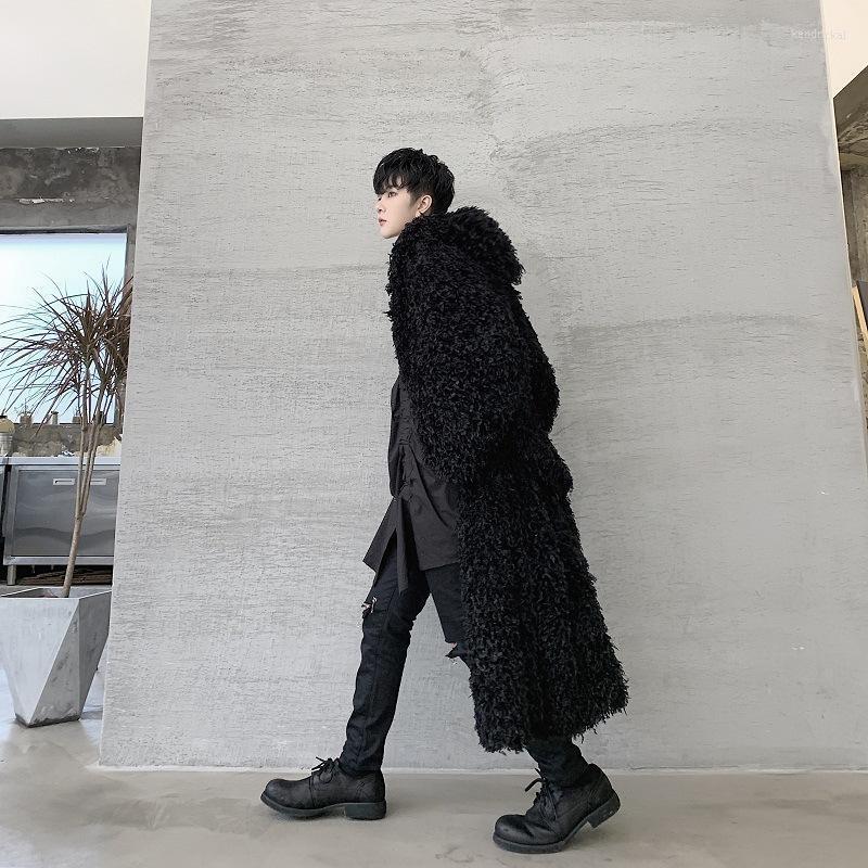 

Men's Wool & Blends Street Style Faux Lamb Coat Men Over The Knee Long Plush Cotton Padded Kend22, Black