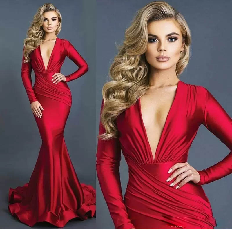 

new arrival sexy red deep v neck mermaid evening dresses with long sleeves formal princess evening gowns pageant party runway fashion, Purple