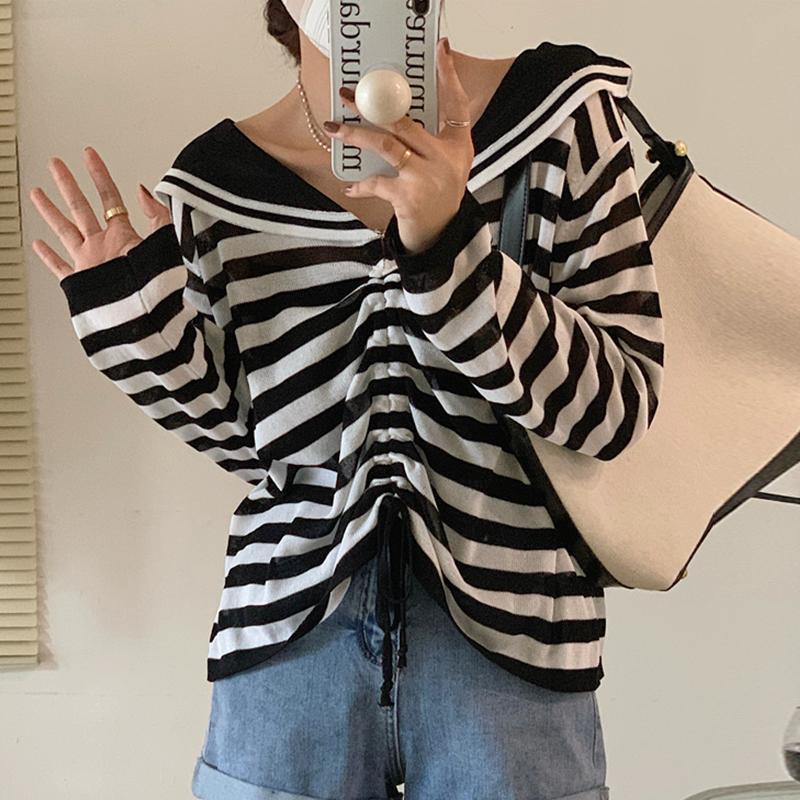 

Women's Sweaters Korean Woman Chic Sailor Collar Long Sleeve Knitted Jumper Ropa Mujer Drawstring Fashion Tops Loose Casual PulloversWomen's, Black