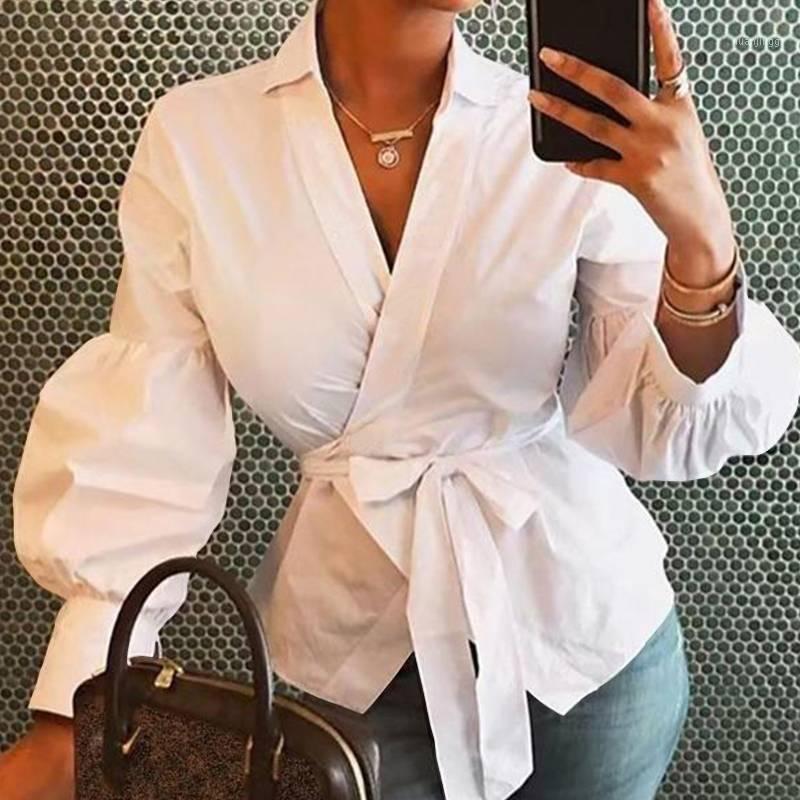 

Women' Blouses & Shirts Women Tops And 2022 Celmia Autumn Lantern Sleeve Tunic Casual Loose V-Neck Female Blusas Mujer Belted Plus Size, White