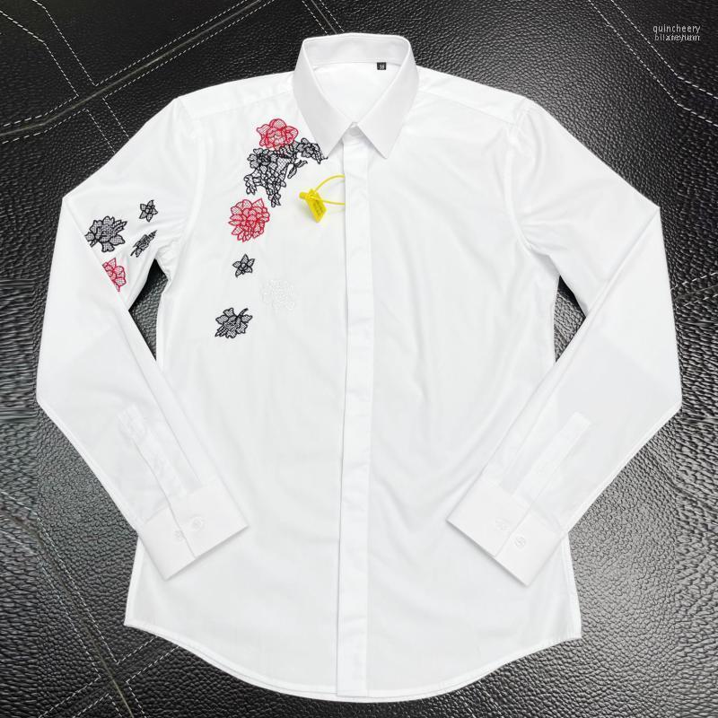 

Men's Dress Shirts Brand Runway Shirt Men Slim Casual Business Male Long Sleeve Embroidery Cotton Camisas Masculina Plus Size Quin22, White
